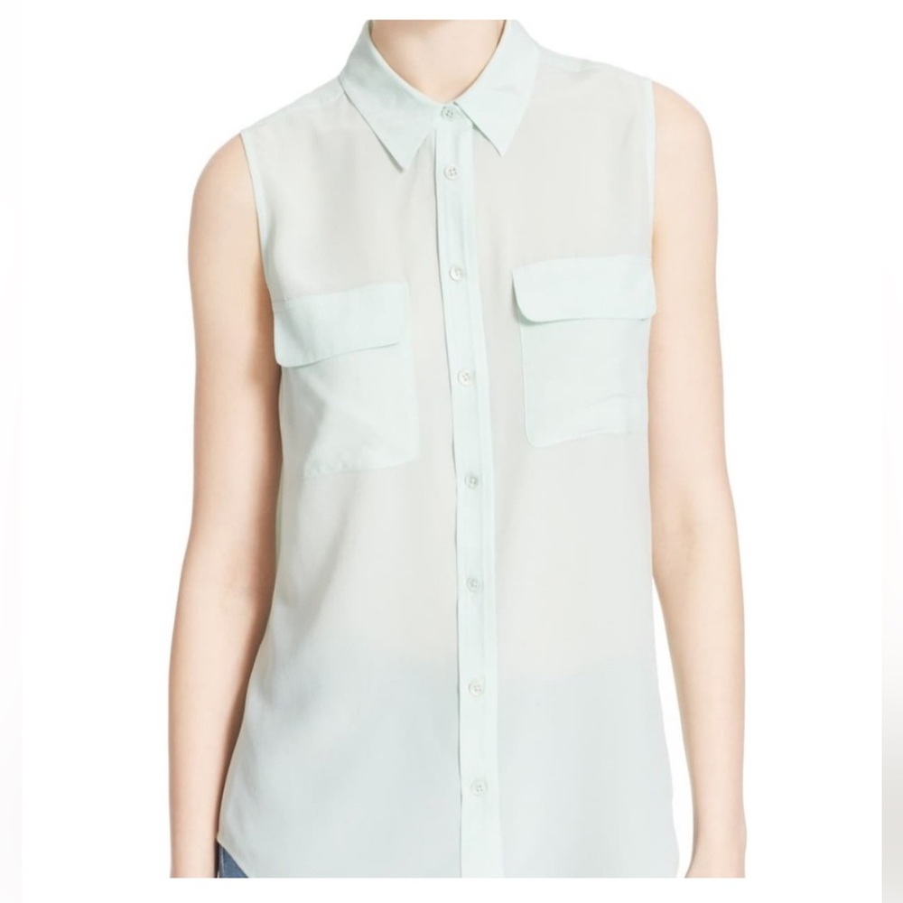 Equipment Femme | Sea Foam Green Sleeveless Silk Button Down
